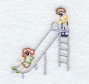 Embroidery design: two stick figure kids, one sliding and one atop a slide; digital machine embroidery file.