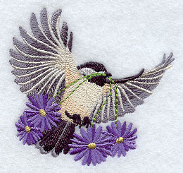 Flying Chickadee with Daisies