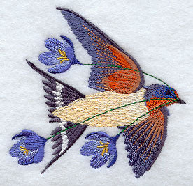 Flying Barn Swallow with Crocuses