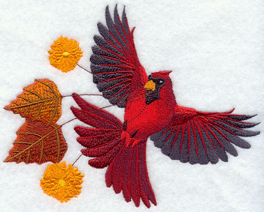 Flying Cardinal with Autumn Leaves and Flowers