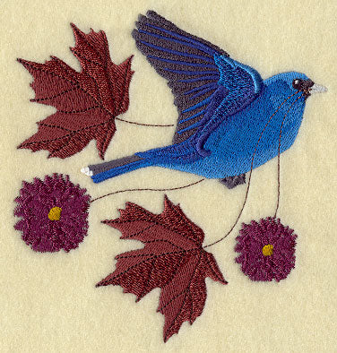 Flying Indigo Bunting with Autumn Leaves and Flowers