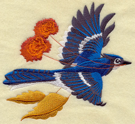 Flying Bluejay with Autumn Leaves and Flowers