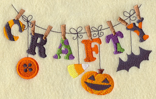 Embroidered letters and Halloween shapesβbutton, candy corn, pumpkin, batβon a digitally downloadable embroidery design.