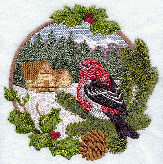 Country Christmas - Pine Grosbeak and Cabin