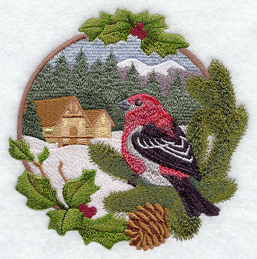 Country Christmas - Pine Grosbeak and Cabin