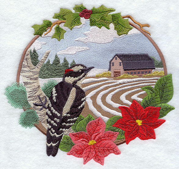 Country Christmas - Downy Woodpecker and Barn