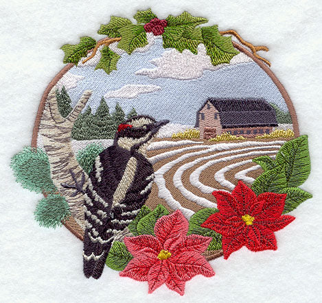 Country Christmas - Downy Woodpecker and Barn