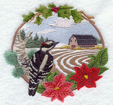 Country Christmas - Downy Woodpecker and Barn
