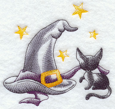 A Halloween Kitten with Witch's Hat and Stars