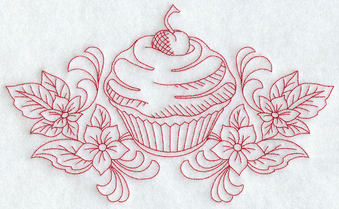 Cherry Cupcake and Flowers (Redwork)