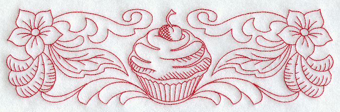 Cherry Cupcake and Flowers Border (Redwork)