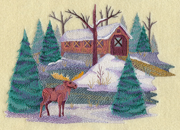 Country Scene with Moose in Watercolor