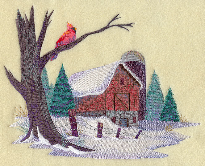 Country Scene with Cardinal in Watercolor
