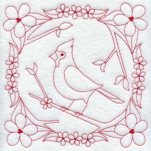 Cardinal and Blooms (Redwork)