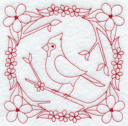 Cardinal and Blooms (Redwork)