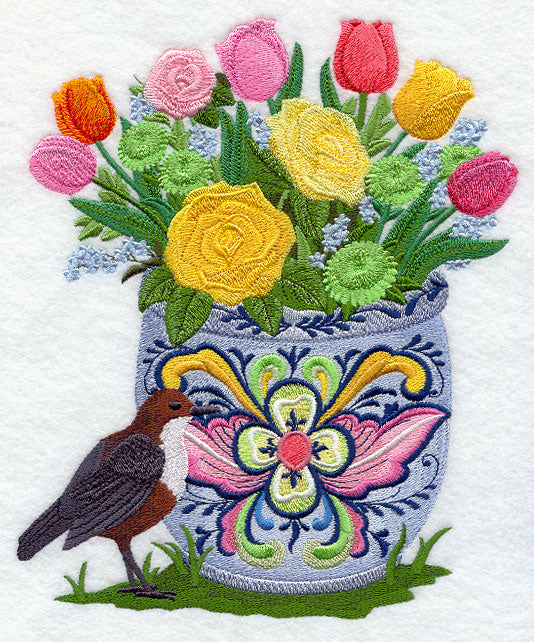 Rosemaling Flowerpot with White-throated Dipper