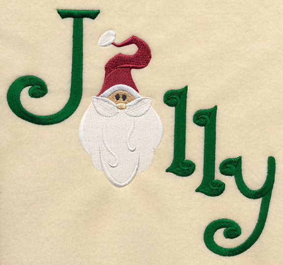 Santa’s face is stitched as the letter “o” on beige fabric in this digitally downloadable machine embroidery design.
