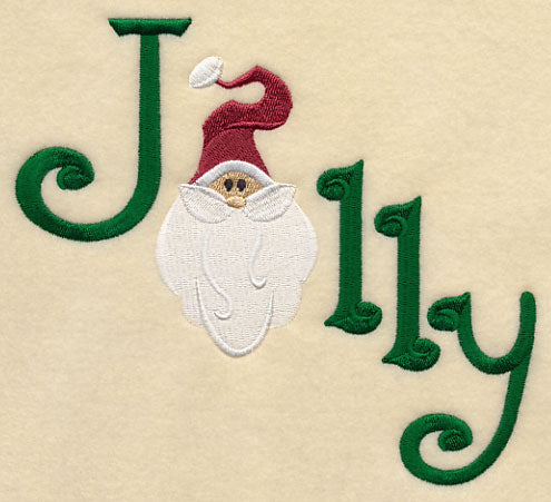 Jolly Santa 2 digitally downloadable machine embroidery design with “o” stitched as a Santa face on beige fabric.
