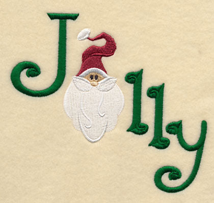Green Jolly text with a Santa face for the o, on a beige, festive background; embroidery design shown.