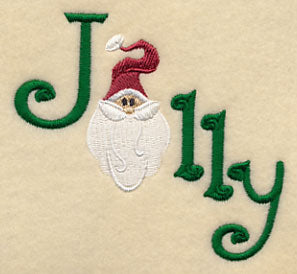 Beige embroidery design spelling jolly, with a Santa face used as the o in the word; digital machine embroidery design.