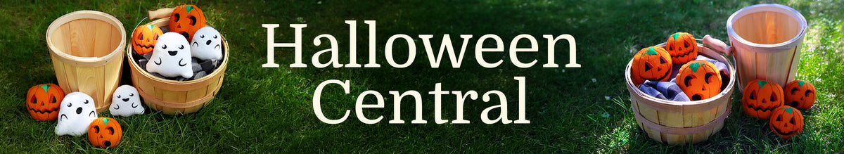 promotional image featuring in the hoop machine embroidered ghost and pumpkin designs that reads "Halloween Central"