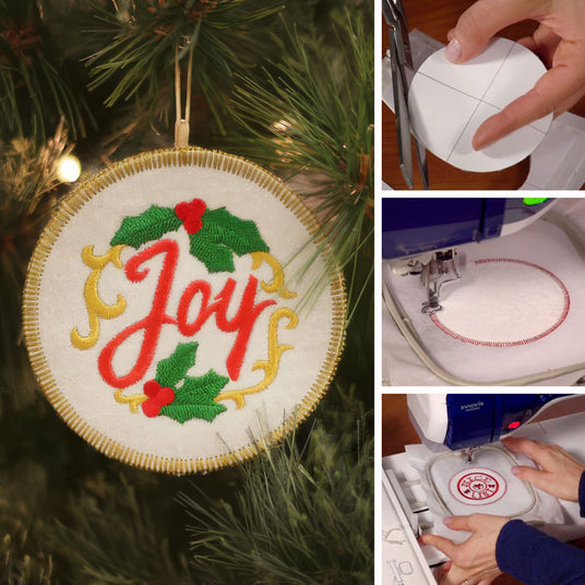 Machine embroidered 'Joy' ornament with holly leaves, step-by-step sewing process, and finished product.