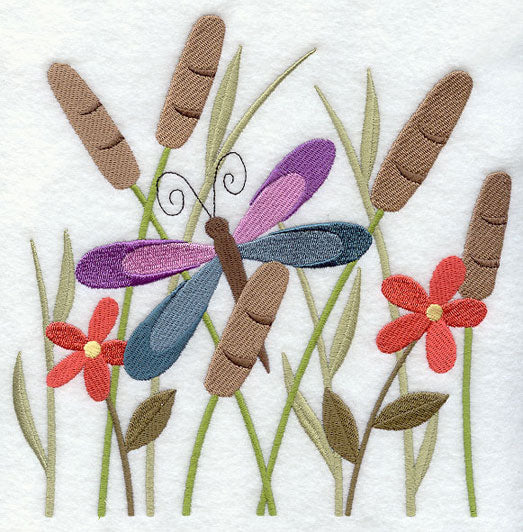 Dragonfly in Flowers and Cattails