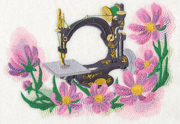 Sewing Machine with Cosmos in Watercolor