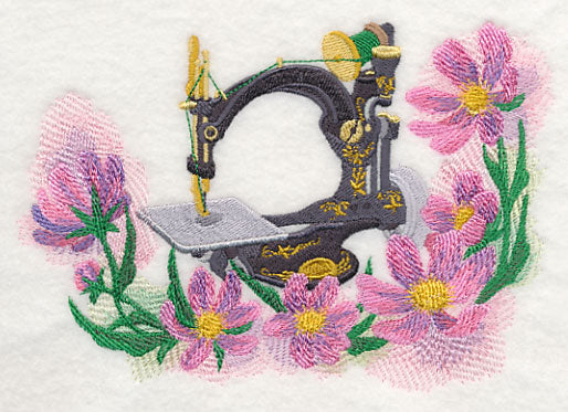 Sewing Machine with Cosmos in Watercolor