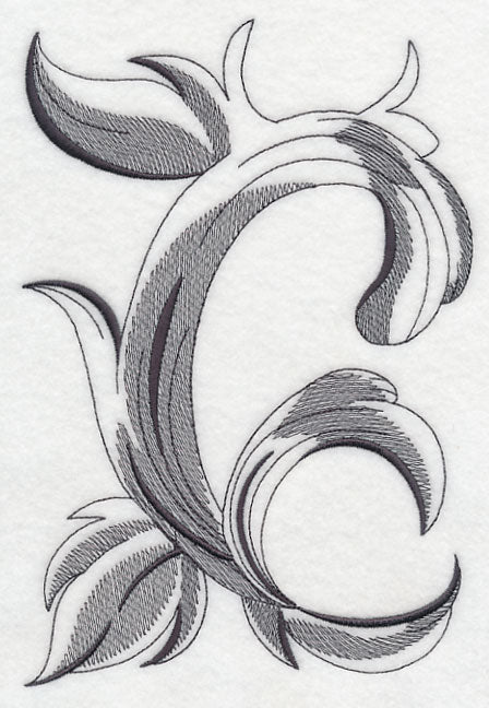 Embroidered letter C with detailed swirling, leaf-pattern stitching in grayscale; shown as a machine embroidery design.