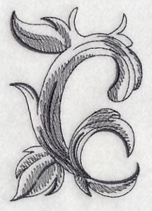 Ornate baroque embroidered letter C with leaf motifs on white; digital machine embroidery design download.