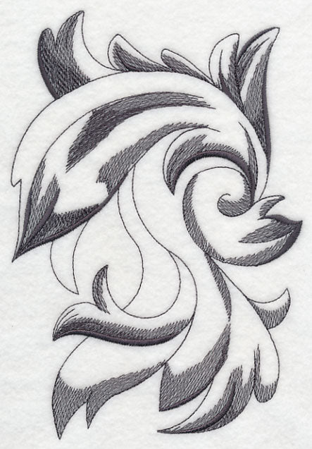 Gray and white swirls, leaves, and curls embroidered on white fabric in a baroque style; digitally downloadable design.
