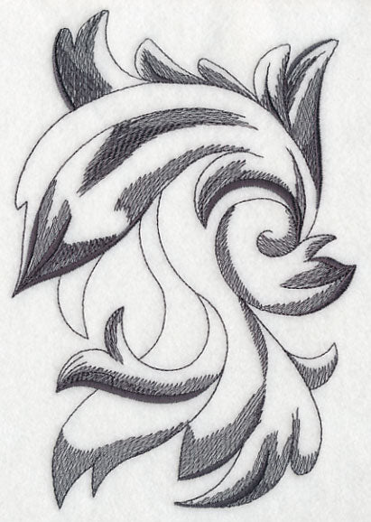 Black and gray embroidered leaves and swirls with fine stitching on white, available as a digital download.