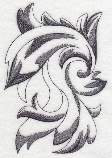 Black and white embroidery design with abstract swirling leaf motifs and geometric baroque details, digitally downloadable.