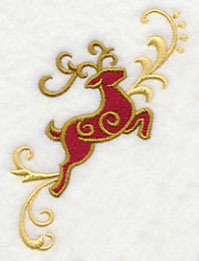 Digitally downloadable machine embroidery design of a reindeer flying right, stitched in red and gold filigree details.