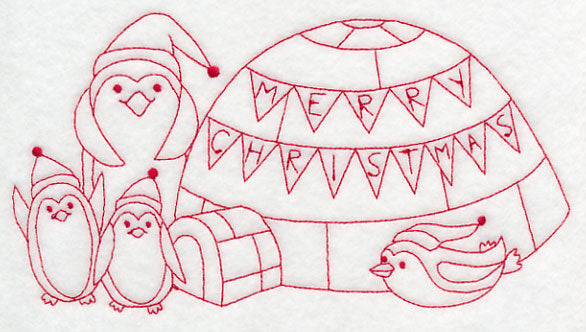 Penguins Merry Christmas (Redwork)
