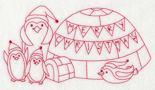 Penguins Merry Christmas (Redwork)