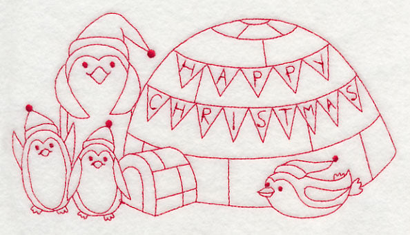 Penguins Happy Christmas (Redwork)