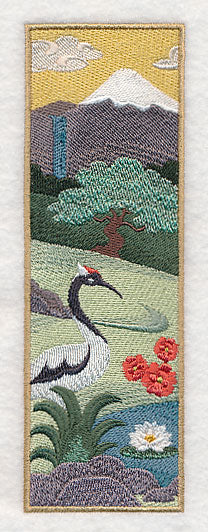 Japanese Garden Panel Scene - Mt. Fuji and Crane