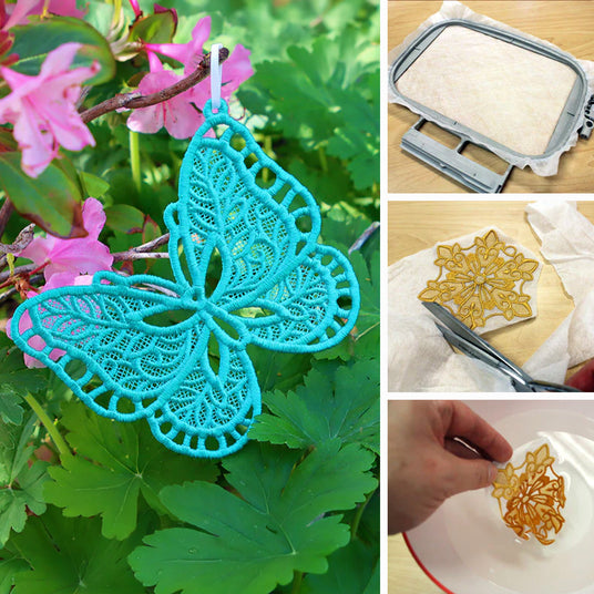 Collage of a turquoise machine embroidered lace butterfly ornament, machine embroidery hoop, and process shots of stitching and finishing freestanding lace.
