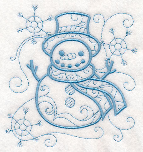 Blue embroidered snowman with scarf and hat, surrounded by stitched snowflakes on cotton; digital embroidery design.
