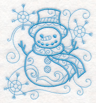 Blue line-art snowman wearing a hat and scarf, surrounded by simple embroidered snowflakes on white cotton fabric.