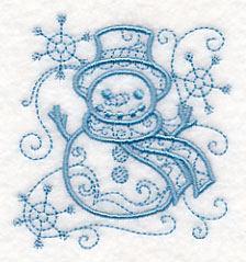 Blue line art snowman embroidery with swirling lines and snowflakes on white cotton; digitally downloadable design.
