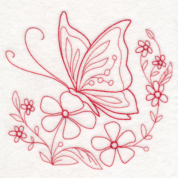 Nostalgic Nature - Butterfly with Flowers (Redwork)