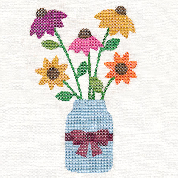 Primitive Coneflowers in Mason Jar (Cross Stitch)