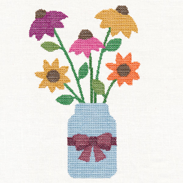 Primitive Coneflowers in Mason Jar (Cross Stitch)