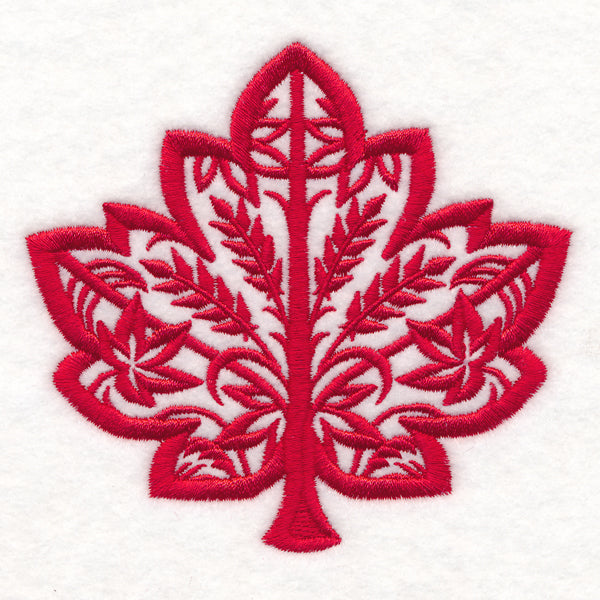 Digitally downloadable machine embroidery design featuring a red maple leaf with detailed, decorative cut-out patterns.