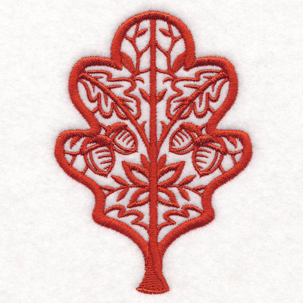 Digitally downloadable machine embroidery design featuring a stylized, folk-inspired red oak leaf with cutout details.