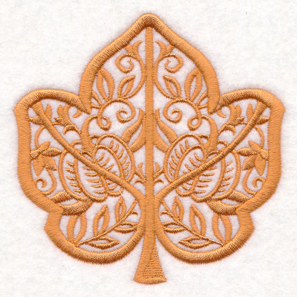 Light brown pumpkin leaf embroidery with swirling vine patterns, shown as a digitally downloadable machine embroidery design.