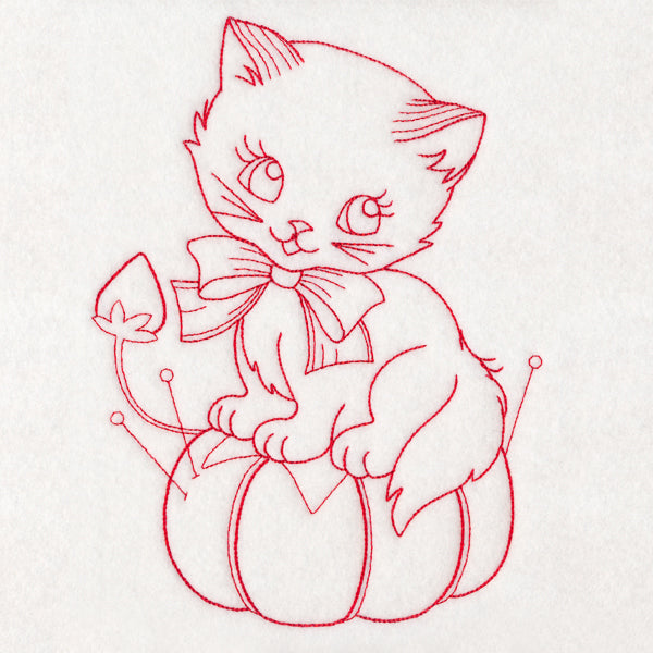 Crafty Cat with Pincushion (Redwork)